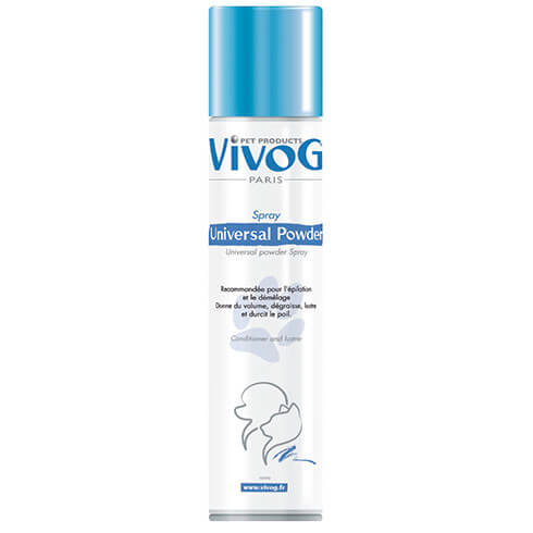 Spray poudre poudre de craie universelle 2 en 1 pour chien et chat : shampoing sec et durcisseur de poils - 300ml - Vivog