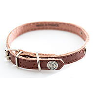 Brown leather dog collar - classic leather stitched with plate