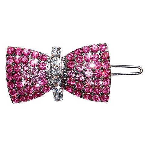 Barrette bow set with white and pink rhinestones 4cm